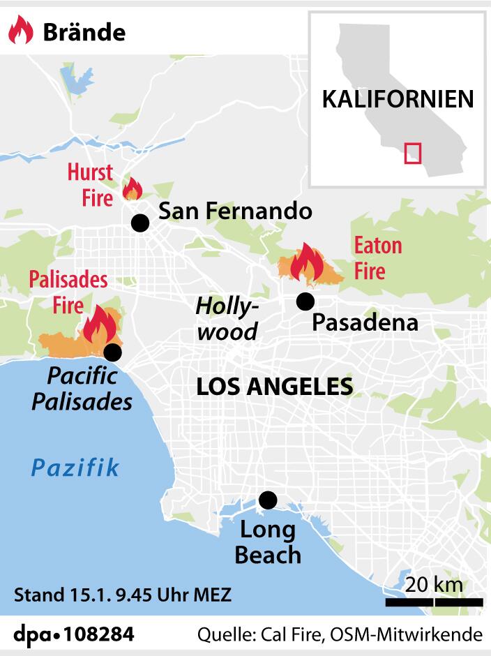 Grafik-Karte: "Lokalisierung der Waldbrände bei Los Angeles"