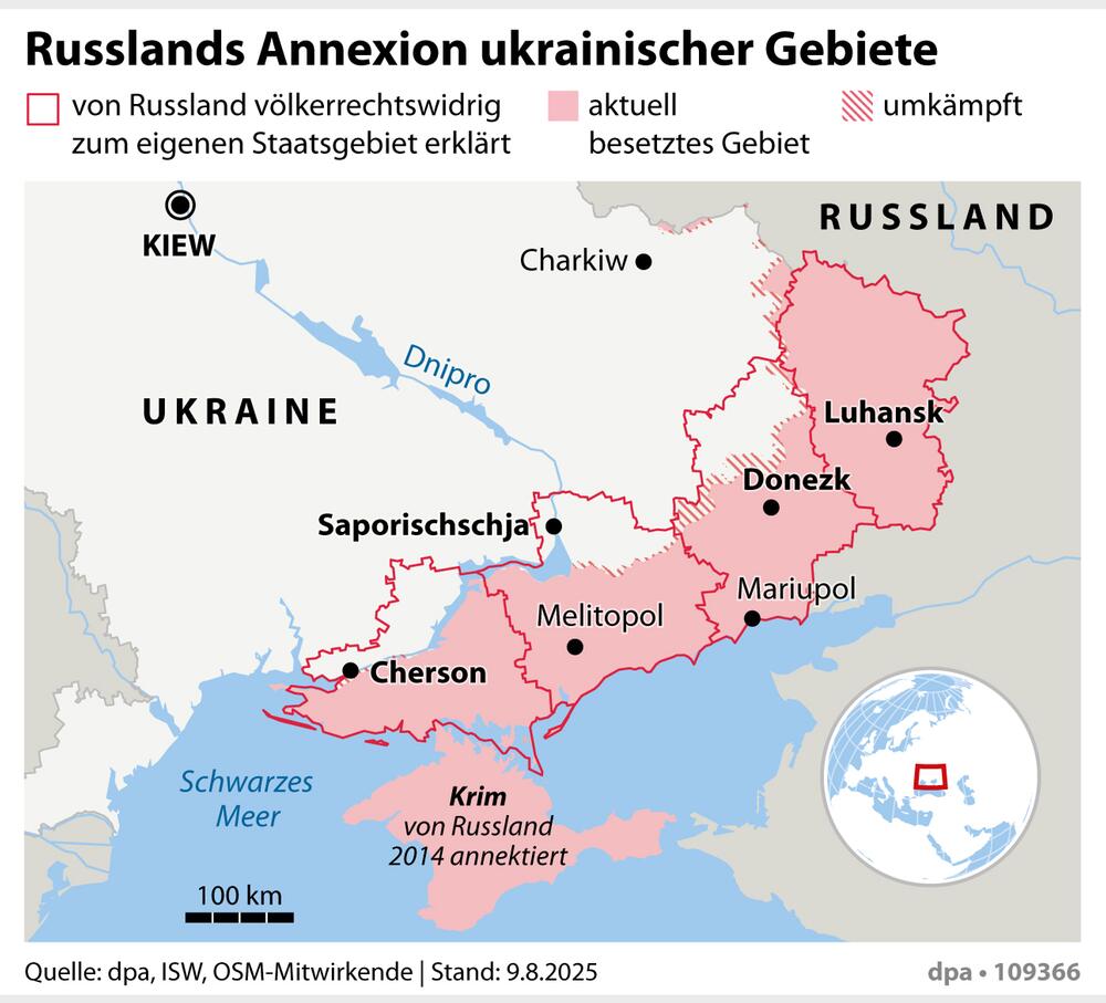 Grafik-Karte. "Russlands Annexion ukrainischer Gebiete in einer Karte verortet"