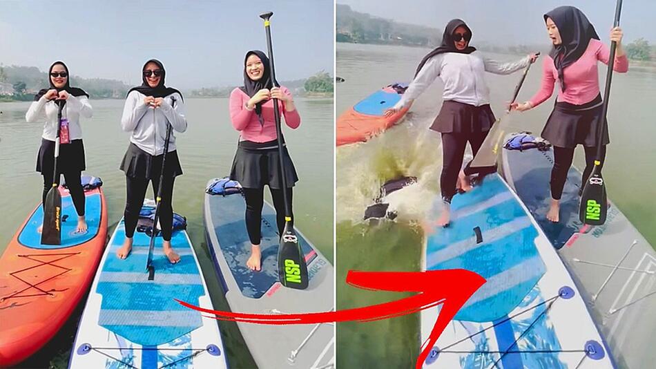 Dominoeffekt: Freundinnen tanzen auf Paddleboards – mit nassem Ende