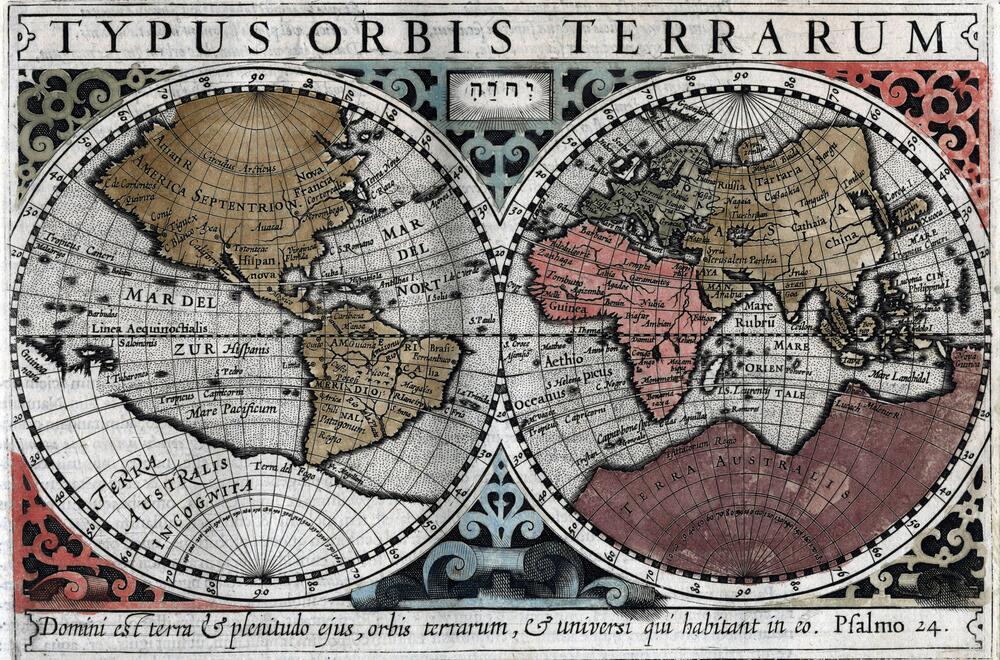 Weltkarte, auf der Terra Australis Incognita die südliche Hemisphäre ausfüllt.