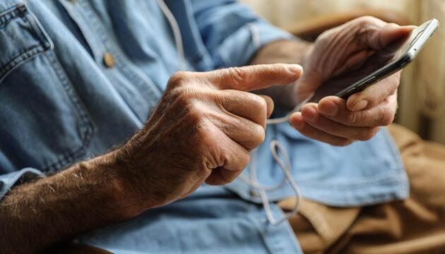 ältere Person tippt aufs Smartphone