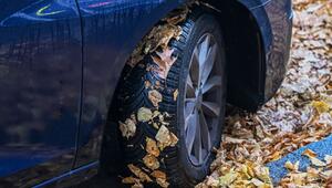 Ein Auto mit einem Ganzjahresreifen im Herbstlaub