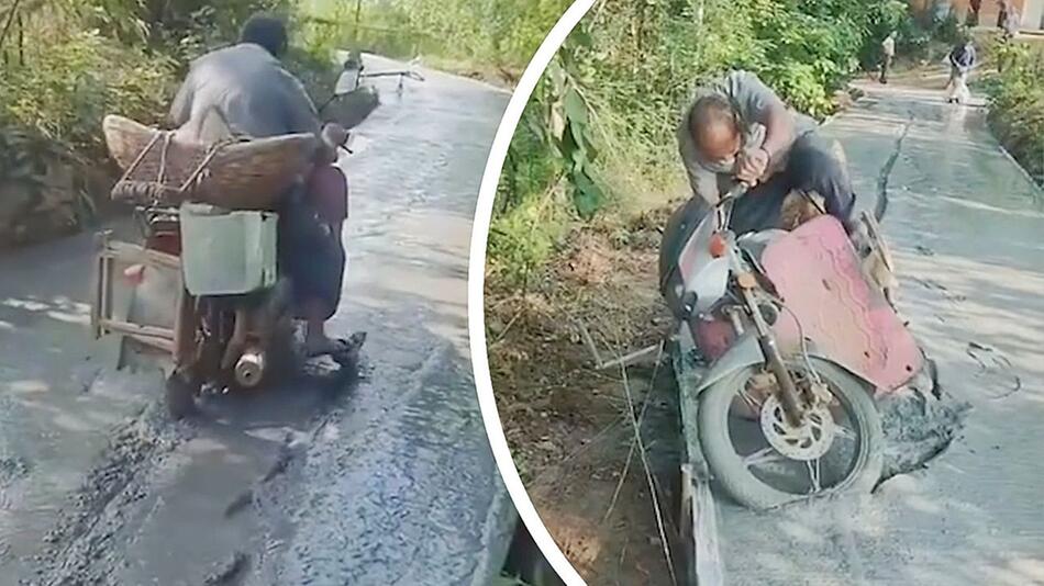 Zähes Vorankommen: Motorradfahrer fährt direkt in nassen Zement