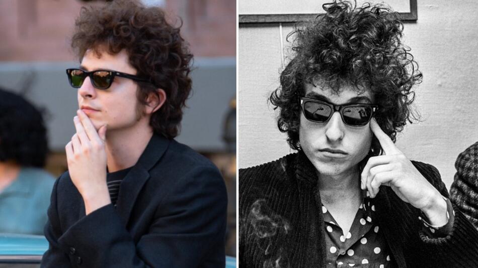 Links Timothée Chalamet 2024 als Bob Dylan und rechts der echte Bob Dylan im Jahr 1966.