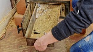 Eine Frau entnimmt die Ascheschublade aus einem Kachelofen