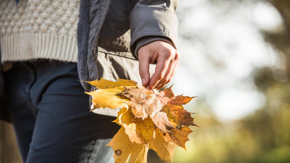 Eine Frau macht einen Herbstspaziergang