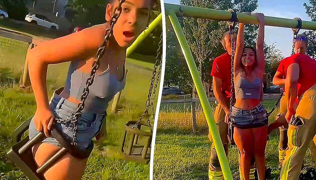 Peinliche Panne auf Kinderspielplatz: Teenagerin sitzt in Schaukel fest