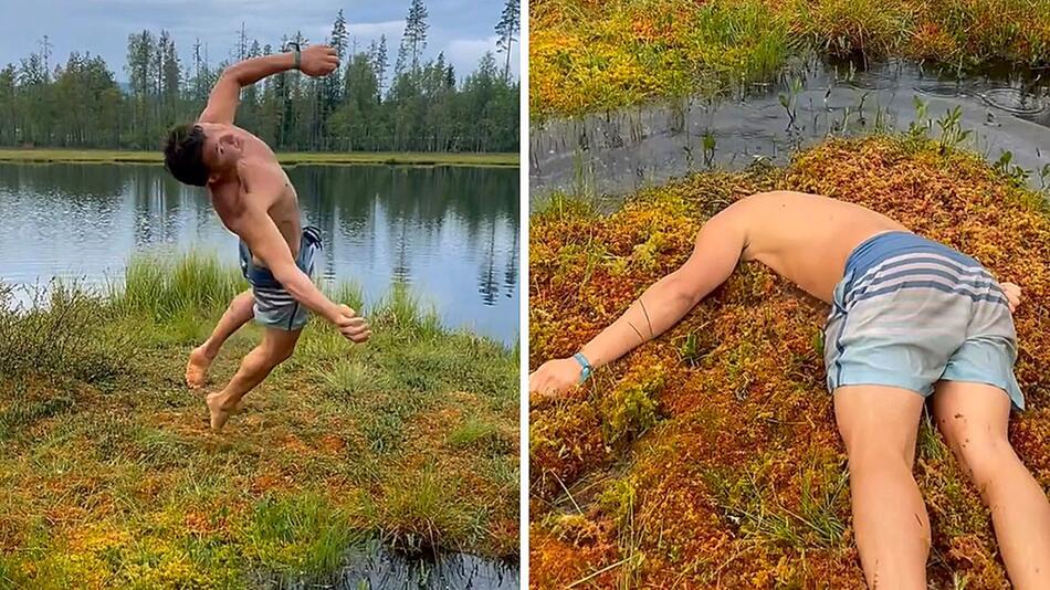 Stunts im Schlamm: Freunde üben Stürze in norwegischem Sumpf