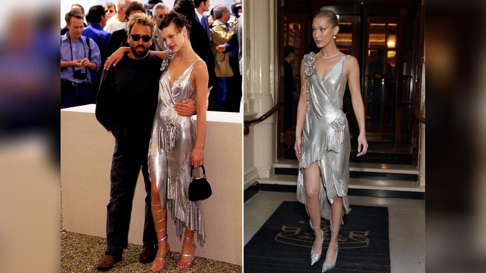Im selben Kleid: Milla Jovovic 1997 (l.) und Bella Hadid in London.