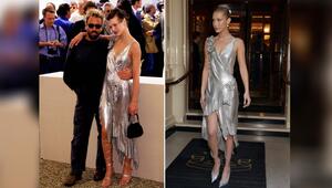 Im selben Kleid: Milla Jovovic 1997 (l.) und Bella Hadid in London.