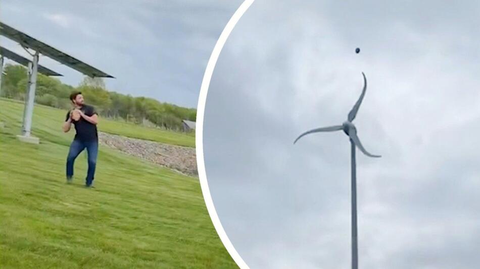Football trifft auf Windrad: Turbine schleudert Ball in den Himmel