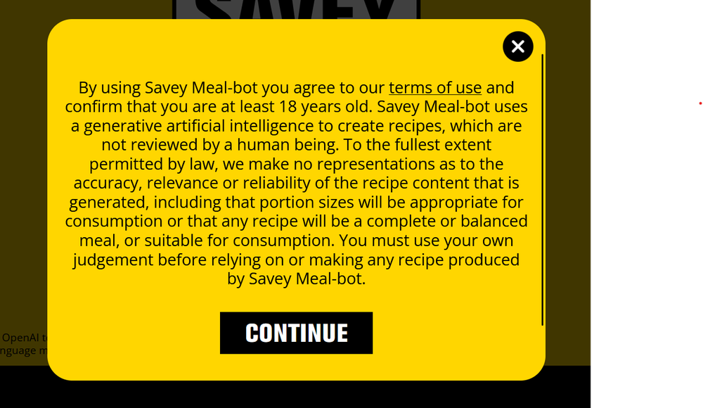 Warnhinweis ein, wenn man den "Savey Meal-Bot" verwenden möchte