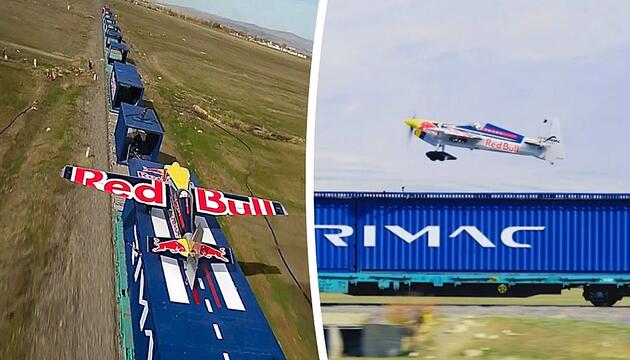 Einmaliger Stunt: Pilot landet auf fahrendem Zug