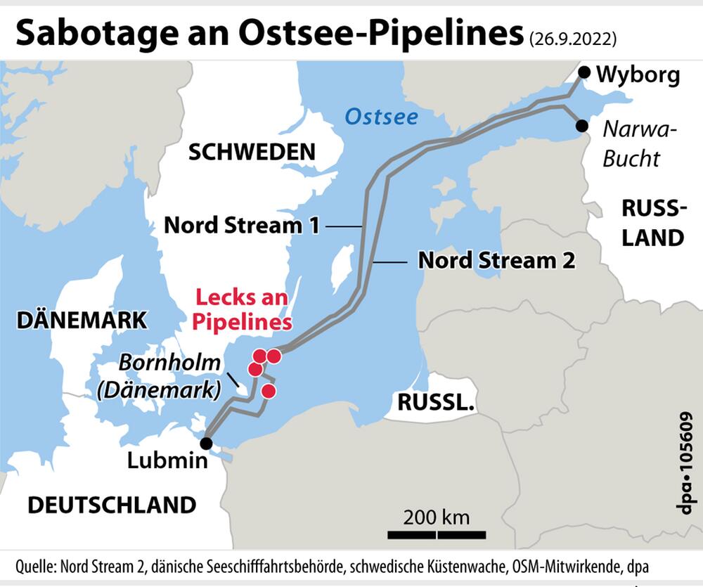 Grafik-Karte: "Überblick über Pipeline-Verläufe und Verortung der Lecks"