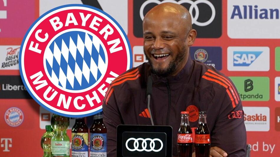 Bayern Münchens Trainer Vincent Kompany gibt fröhlich eine seiner ersten Pressekonferenzen