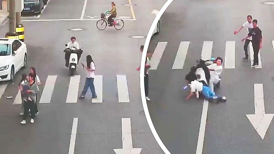 Beide glotzen aufs Handy: Rollerfahrer nimmt Fußgängerin mit