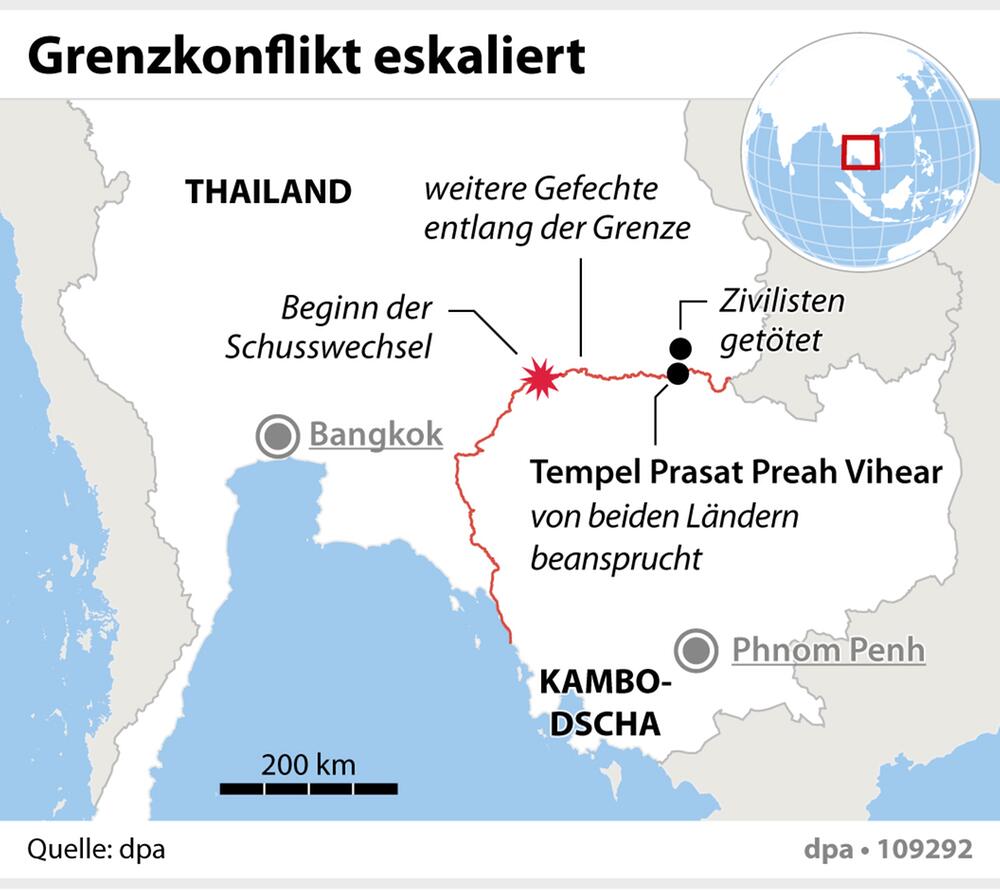 Grafik-Karte: "Grenzkonflikt zwischen Thailand und Kambodscha eskaliert"