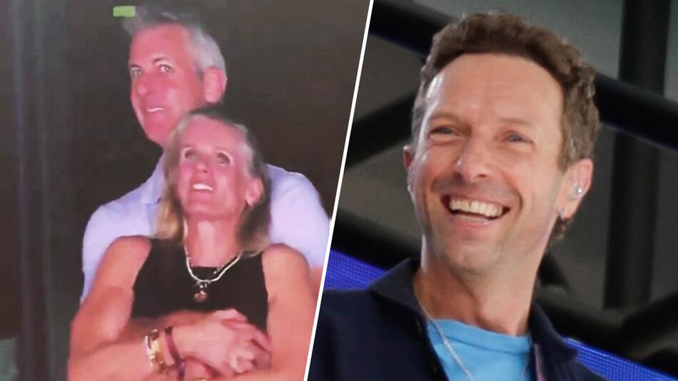 Coldplay-Frontmann Chris Martin kann sich das Lachen über den Kiss-Cam-Eklat nicht verkneifen.