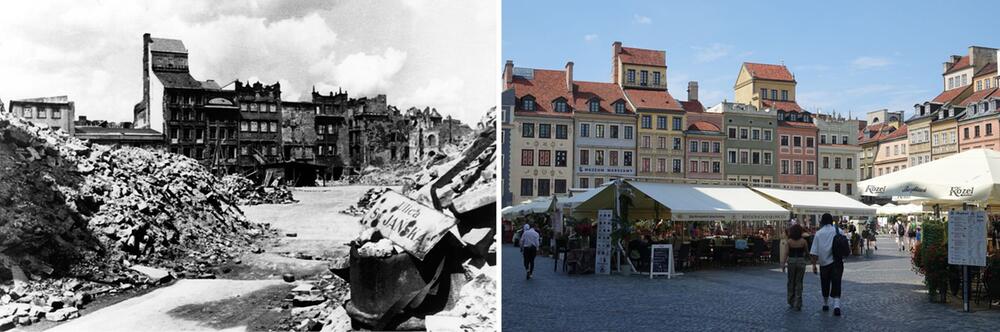 Marktplatz in der Altstadt von Warschau damals und heute