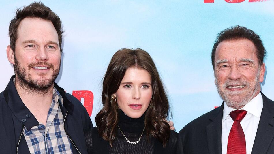 Enge Familienbande: Chris Pratt (l.), Katherine Schwarzenegger und Arnold Schwarzenegger,