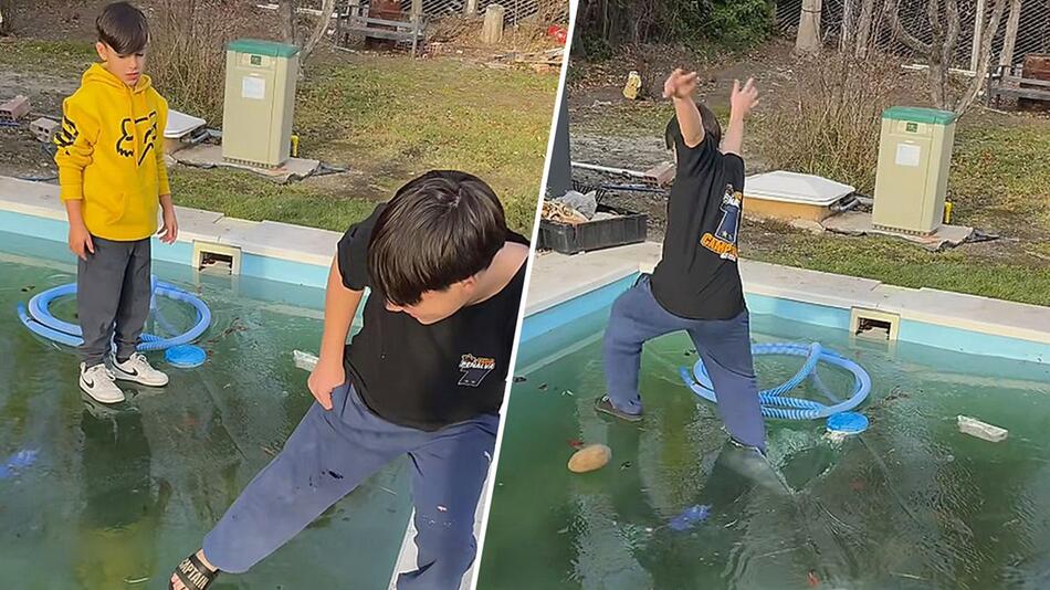 Jungs laufen über gefrorenen Pool – dann wirft einer einen Stein