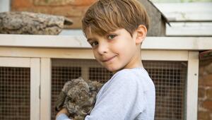 Ein Junge hält ein Kaninchen im Arm