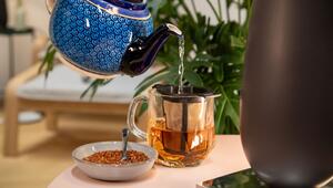 Ein Mann macht sich ein Glas Rooibos-Tee mit heißem Wasser