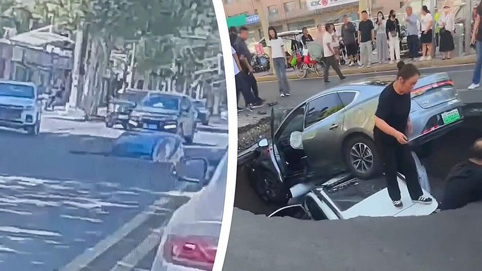 Mitten im Verkehr: Senkloch schluckt plötzlich Autos in China