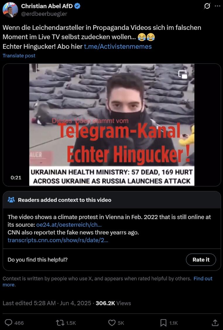 Screenshot des von Christian Abel (AfD) geposteten Videos auf X und Telegram