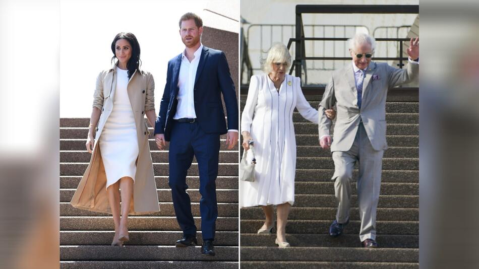 Auf den Stufen des Opernhauses von Sydney: Meghan und Harry 2018 - Camilla und Charles 2024.