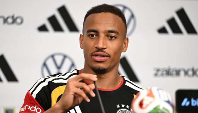 Jamie Leweling bei der DFB-Pressekonferenz am Dienstag.