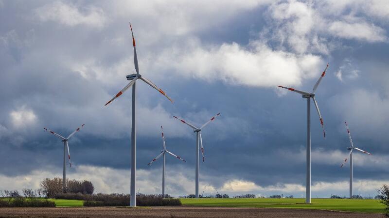 Windräder stehen auf einem Feld.