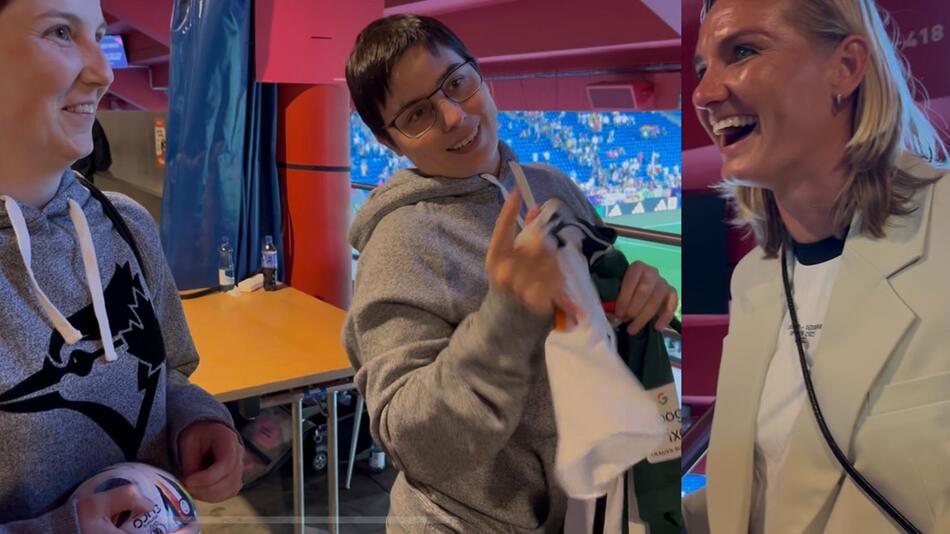 Zwei Schweizer Fans kommen extra zum Deutschlandspiel nach Basel, um ihr Idol Alex Popp zu treffen.