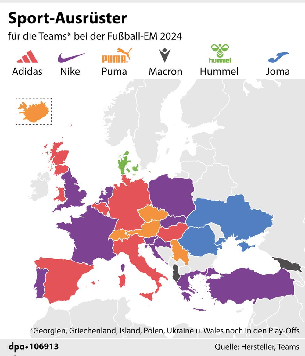 Europakarte: Trikothersteller der EM-Teilnehmerländer