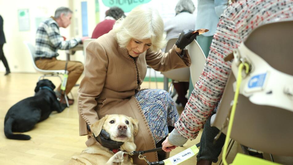 Königin Camilla kuschelt mit einem Blindenhund.