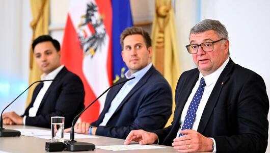 NEOS-Klubchef Shetty, Staatssekretäre Pröll (VP) und Leichtfried (SP)