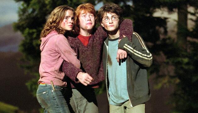 Emma Watson mit ihren "Harry Potter"-Co-Stars Rupert Grint (M.) und Daniel Radcliffe.