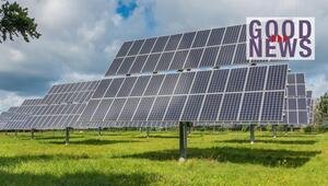 Großes Feld mit mehreren Reihen von Solarpanelen auf grüner Wiese,, rechts oben der Schriftzug ...