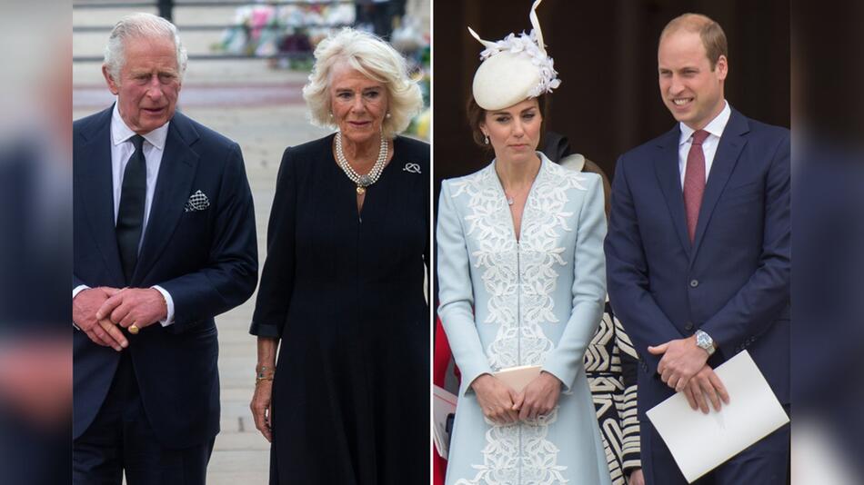 König Charles und Königin Camilla (l.) sowie Prinzessin Kate und Prinz William drücken nach der ...