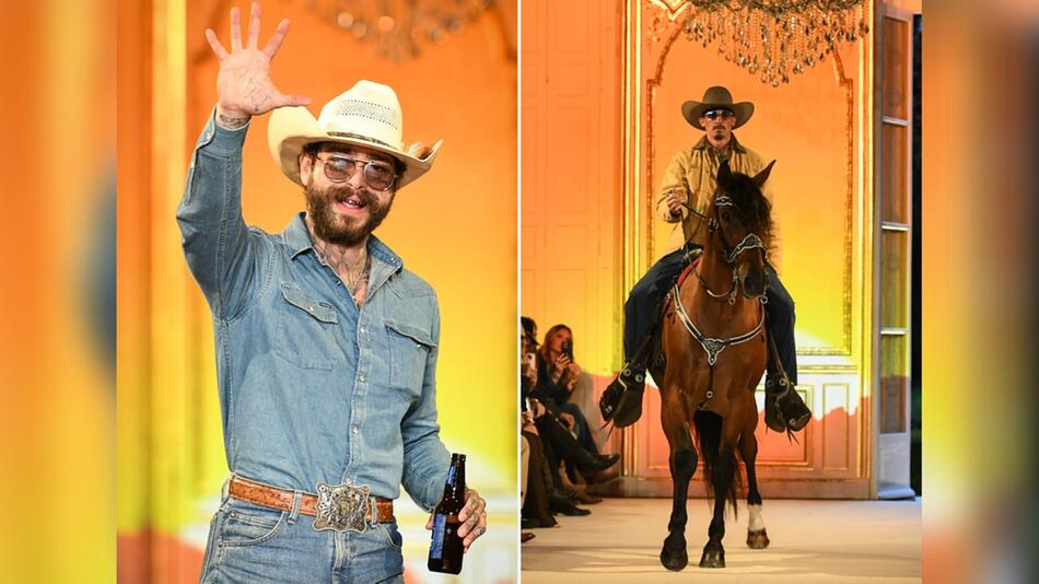 Post Malone und sein tierischer Gast mit Reiter auf dem Laufsteg.