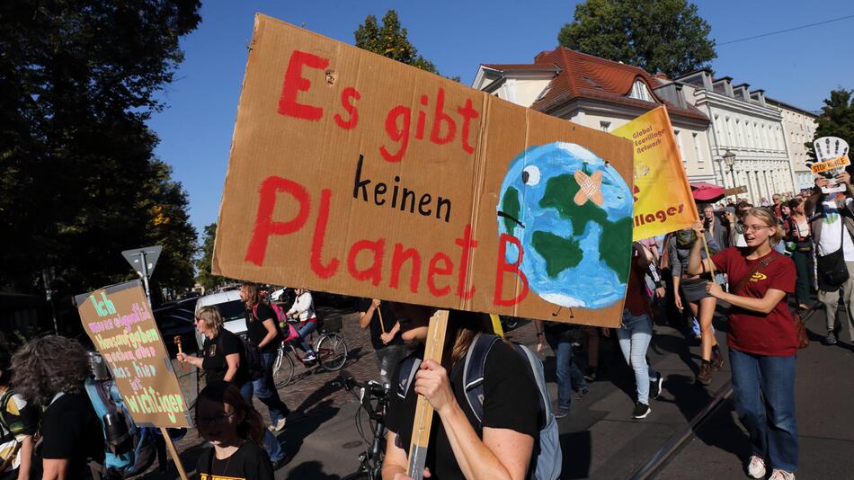 Eine Demonstrantin mit Schild Es gibt keinen Planet B während einer Fridays for Future Demo.