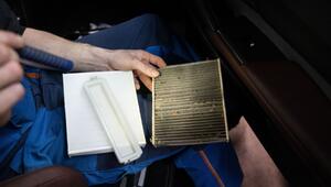 Ein Mitarbeiter einer Werkstatt wechselt den Innenraumfilter