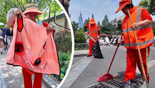 Kühlung to go: Straßenreiniger in Nanjing trotzen der Hitze mit Ventilator-Westen