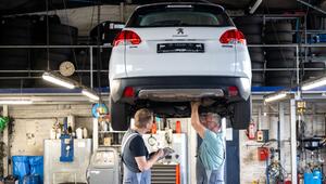 zwei Mechaniker arbeiten in einer Kfz-Werkstatt an einem Auto