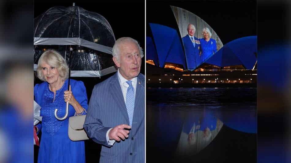 Charles und Camilla am Flughafen und das erleuchtete Opernhaus in Sydney.