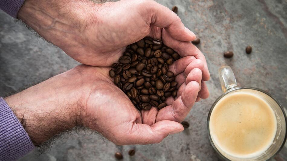 Ein Mann hält Kaffeebohnen in den Händen