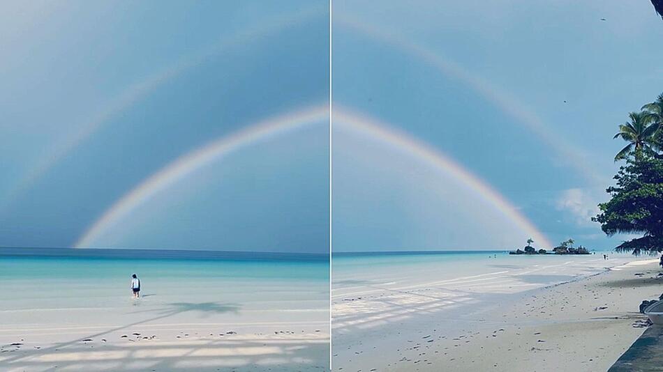 Wie gemalt: Doppelter Regenbogen erstreckt sich über Traumstrand