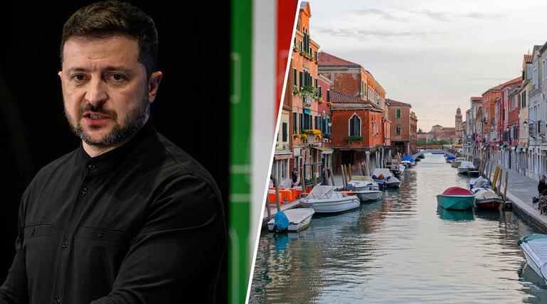 Bildkombo:  Präsident Wolodymyr Selenskyj und Insel Murano
