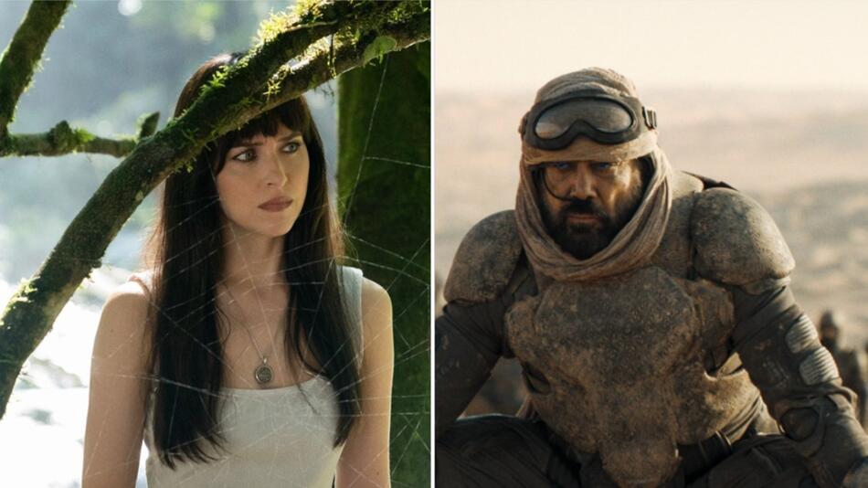 Dakota Johnson in "Madame Web" und Javier Bardem in "Dune: Teil 2".