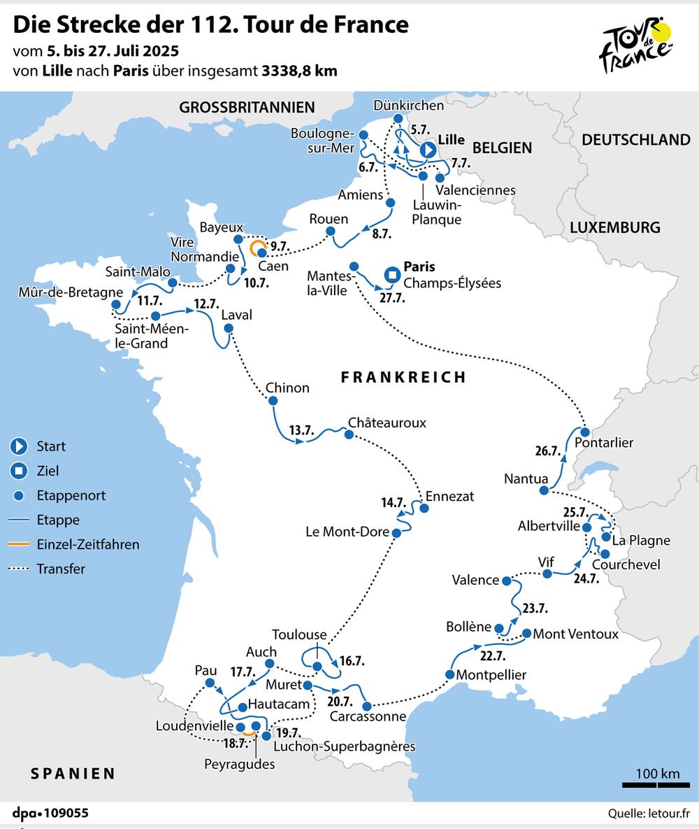 Grafik-Karte: "Strecke der Tour de France 2025"